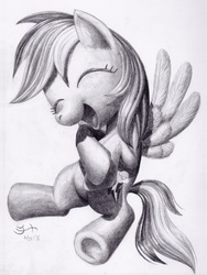 Size: 3310x4413 | Tagged: safe, artist:michiito, rainbow dash, g4, broken leg, detailed, eyes closed, female, laughing, monochrome, pencil drawing, simple background, solo, spread wings, traditional art, white background