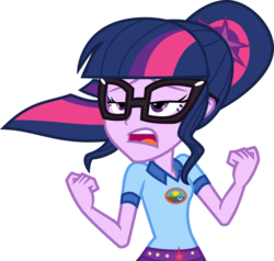 Size: 5000x4763 | Tagged: safe, artist:limedazzle, sci-twi, twilight sparkle, equestria girls, g4, my little pony equestria girls: legend of everfree, absurd resolution, bedroom eyes, camp everfree outfits, clothes, denim shorts, drunk, drunk twilight, female, glasses, multicolored hair, open mouth, ponytail, purple eyes, purple skin, shorts, show accurate, simple background, solo, the midnight in me, tomboy, transparent background, vector