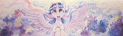 Size: 3075x909 | Tagged: safe, artist:amishy, twilight sparkle, alicorn, pony, g4, female, flying, freckles, open mouth, solo, traditional art, twilight sparkle (alicorn), watercolor painting