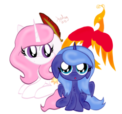 Size: 2250x2100 | Tagged: safe, artist:kelsey139, philomena, princess celestia, princess luna, alicorn, phoenix, pony, g4, cewestia, cute, female, filly, filly celestia, filly luna, floppy ears, high res, pink-mane celestia, quill, simple background, transparent background, woona, younger