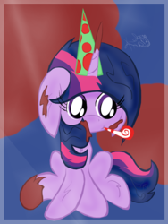 Size: 1944x2592 | Tagged: safe, artist:kelsey139, twilight sparkle, g4, chocolate, female, floppy ears, food, hat, party hat, party horn, solo