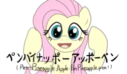 Size: 726x423 | Tagged: safe, artist:nekokevin, fluttershy, g4, cute, female, japanese, looking at you, pen pineapple apple pen, ppap, shyabetes, smiling, solo, youtube link