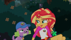 Size: 1920x1080 | Tagged: safe, screencap, spike, spike the regular dog, sunset shimmer, dog, equestria girls, g4, my little pony equestria girls: legend of everfree, discovery kids