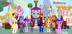 Size: 1630x775 | Tagged: safe, artist:mario-mcfly, amethyst star, derpy hooves, dinky hooves, fluttershy, pinkie pie, pipsqueak, sparkler, sunset shimmer, twilight sparkle, human, pony, equestria girls, g4, 3d, hat, human ponidox, lady the magical engine, male, mario, mmd, party hat, rebecca shoichet, self ponidox, thomas and the magic railroad, twilight sparkle (alicorn), voice actor joke