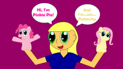 Size: 1920x1080 | Tagged: safe, artist:circuitsense, fluttershy, pinkie pie, earth pony, human, pegasus, pony, g4, andrea libman, blonde hair, clothes, dialogue, female, hooves in air, mare, open mouth, puppet, shirt, smiling, speech bubble, text