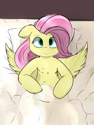 Size: 1500x2000 | Tagged: safe, artist:chapaevv, fluttershy, g4, bed, blanket, female, floppy ears, high angle, looking at you, on back, parody, pillow, solo, spread wings