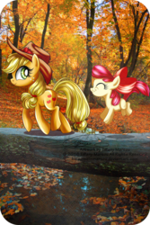 Size: 800x1200 | Tagged: safe, artist:tiffanymarsou, apple bloom, applejack, g4, autumn, duo, sisters