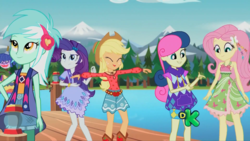 Size: 1920x1080 | Tagged: safe, screencap, applejack, bon bon, fluttershy, lyra heartstrings, rarity, sweetie drops, equestria girls, g4, my little pony equestria girls: legend of everfree, camp fashion show outfit, discovery kids, female