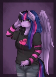 Size: 536x737 | Tagged: dead source, safe, artist:rainbowhitter, twilight sparkle, alicorn, anthro, g4, clothes, ear piercing, earring, emo, female, jewelry, piercing, shirt, solo, t-shirt, twilight sparkle (alicorn)