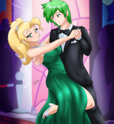 Size: 900x984 | Tagged: safe, artist:thebrokencog, applejack, spike, human, g4, alternate hairstyle, applejewel, bare shoulders, clothes, dancing, dress, grand galloping gala, green dress, high heels, humanized, male, older, older spike, sandals, ship:applespike, shipping, sleeveless, straight, strapless