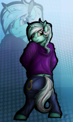 Size: 1973x3282 | Tagged: safe, artist:lupiarts, lyra heartstrings, pony, unicorn, g4, back, background pony, chubby, clothes, digital art, female, hoodie, jeans, looking at you, pants, solo, standing, traditional art