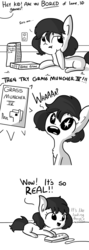 Size: 1080x3048 | Tagged: safe, artist:tjpones, oc, oc only, earth pony, pony, horse wife, chest fluff, comic, controller, dialogue, ear fluff, female, game, grass muncher iv, grayscale, jenga, male, mare, monochrome, offscreen character, simple background, solo, starry eyes, the simpsons, video game, white background, wingding eyes