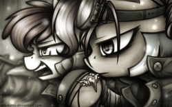 Size: 1024x640 | Tagged: safe, artist:jadekettu, apple bloom, scootaloo, earth pony, pegasus, pony, g4, armor, contrast, duo, emotional, goggles, inspired, kinetic contrast, monochrome, trench, war, wonderbolts