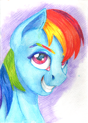Size: 1287x1800 | Tagged: safe, artist:sa1ntmax, rainbow dash, pony, g4, bust, colored eyebrows, female, grin, looking at you, portrait, smiling, solo, traditional art