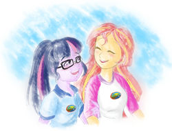 Size: 1450x1100 | Tagged: safe, artist:amazingpuffhair, sci-twi, sunset shimmer, twilight sparkle, equestria girls, g4, my little pony equestria girls: legend of everfree, blue background, blushing, clothes, eyes closed, female, glasses, lesbian, open mouth, ship:sci-twishimmer, ship:sunsetsparkle, shipping, simple background, traditional art, white background