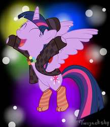Size: 1800x2075 | Tagged: safe, artist:twijackshy, twilight sparkle, alicorn, pony, g4, testing testing 1-2-3, bing bong (inside out), clothes, cosplay, costume, eyes closed, female, flying, happy, hat, hilarious in hindsight in the comments, inside out, jacket, mare, open mouth, pixar, socks, solo, striped socks, this will end in death, this will end in tears, twilight sparkle (alicorn)