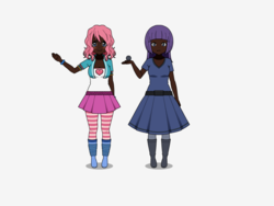 Size: 800x600 | Tagged: safe, artist:icicle-nicicle-1517 kisekae, boulder (g4), maud pie, pinkie pie, human, g4, blushing, boots, clothes, dark skin, female, humanized, kisekae, siblings, simple background, sisters, skirt, socks, stockings, striped socks, white background