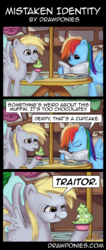 Size: 850x2000 | Tagged: safe, artist:chibisano, derpy hooves, rainbow dash, pegasus, pony, g4, comic, cupcake, duo, female, food, mare, newspaper, traitor