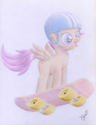 Size: 3290x4290 | Tagged: safe, artist:xeviousgreenii, scootaloo, g4, female, scootaloo can fly, skateboard, solo, traditional art