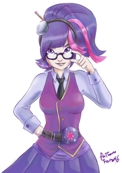 Size: 2480x3508 | Tagged: safe, artist:doublezeroafarina, sci-twi, twilight sparkle, human, g4, clothes, female, glasses, high res, humanized, looking at you, pencil, school uniform, smiling, solo