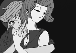 Size: 1024x720 | Tagged: safe, artist:eulicious, applejack, rarity, human, g4, black and white, eyes closed, female, grayscale, hug, humanized, jewelry, lesbian, monochrome, ship:rarijack, shipping, simple background