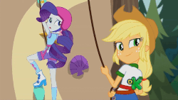 Size: 826x465 | Tagged: safe, screencap, applejack, rarity, equestria girls, g4, my little pony equestria girls: legend of everfree, animated, clothes, discovery kids, female, freckles, gif, helmet, rock climbing