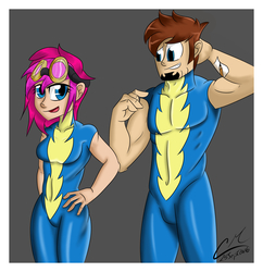 Size: 2900x3000 | Tagged: safe, artist:cmpony, oc, oc only, oc:cm, oc:neon flare, human, clothes, couple, goggles, high res, humanized, humanized oc, male, skinny, skintight clothes, thin, wonderbolts uniform