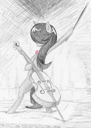 Size: 707x990 | Tagged: safe, artist:t72b, derpibooru exclusive, octavia melody, g4, bow (instrument), bowtie, cello, cello bow, concert, female, monochrome, musical instrument, partial color, pose, solo, traditional art