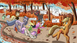 Size: 1920x1080 | Tagged: safe, artist:aemuhn, artist:ailynd, artist:brainflowcrash, artist:living_dead, artist:strangersaurus, angel bunny, applejack, derpy hooves, fluttershy, march gustysnows, rainbow dash, sweetie belle, twilight sparkle, earth pony, pegasus, pony, unicorn, zombie, g4, :c, :p, :t, alcohol, applejack's hat, armor, beer, clothes, confused, cowboy hat, dirty, dirty hooves, drawpile disasters, eyepatch, female, flying, frown, glare, glue bottle, hat, jacket, leaf, leaves, looking back, mare, mud, muddy, open mouth, prone, raised eyebrow, raised hoof, running, running of the leaves, shirt, smiling, speech bubble, spread wings, thought bubble, tired, tongue out, ushanka, wat, wings, y'all