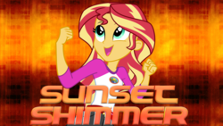Size: 1920x1080 | Tagged: safe, sunset shimmer, equestria girls, g4, my little pony equestria girls: legend of everfree, clothes, female, fist, open mouth, shorts, solo, text, vector, wallpaper