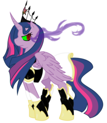 Size: 1236x1420 | Tagged: safe, artist:dubsteppegasister, twilight sparkle, alicorn, pony, g4, clothes, corrupted, corrupted twilight sparkle, crown, curved horn, dark magic, female, horn, jewelry, magic, regalia, shoes, simple background, solo, sombra eyes, tiara, transparent background, twilight sparkle (alicorn), tyrant sparkle