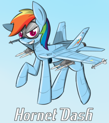 Size: 1280x1451 | Tagged: safe, artist:pandramodo, rainbow dash, original species, plane pony, pony, g4, airplane dash, colored pupils, dreamworks face, f/a-18 hornet, female, flying, gradient background, grin, jet, jet fighter, looking at you, plane, planeified, smiling, solo, species swap