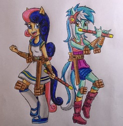 Size: 2238x2283 | Tagged: safe, artist:bozzerkazooers, bon bon, lyra heartstrings, sweetie drops, equestria girls, g4, clothes, flute, high res, musical instrument, ninja, traditional art