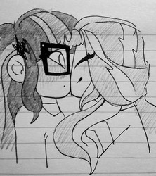 Size: 1139x1280 | Tagged: safe, artist:pinkiepartyplaza, sci-twi, sunset shimmer, twilight sparkle, equestria girls, g4, my little pony equestria girls: friendship games, blushing, blushing profusely, female, kissing, lesbian, lined paper, monochrome, ship:sci-twishimmer, ship:sunsetsparkle, shipping, sketch, traditional art
