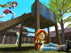 Size: 1400x1050 | Tagged: safe, artist:rachidile, artist:stefano96, derpy hooves, rainbow dash, sunset shimmer, equestria girls, 3d, boots, clothes, compression shorts, gmod, high heel boots, high heels, jacket, journal, leather jacket, pants, running, sandals, scenery, shorts, skirt, socks
