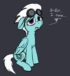 Size: 786x852 | Tagged: safe, artist:thebathwaterhero, fleetfoot, pegasus, pony, g4, aviator goggles, black background, chest fluff, crying, dialogue, female, goggles, mare, sad, simple background, solo