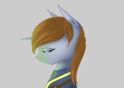 Size: 7000x5000 | Tagged: safe, artist:aura dawn, oc, oc only, oc:littlepip, pony, unicorn, fallout equestria, absurd resolution, clothes, fallout, fanfic, fanfic art, female, jumpsuit, looking away, mare, sad, simple background, solo, vault suit