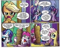 Size: 1342x1063 | Tagged: safe, artist:agnesgarbowska, idw, official comic, applejack, fluttershy, pinkie pie, rarity, spike, starlight glimmer, twilight sparkle, alicorn, earth pony, pony, unicorn, g4, spoiler:comic, spoiler:comic46, comic, cropped, earth pony fluttershy, female, food, mane six, mare, missing wing, pancakes, speech bubble, twilight sparkle (alicorn), whipped cream