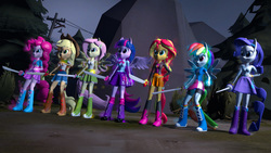 Size: 1920x1080 | Tagged: safe, alternate version, artist:razethebeast, applejack, fluttershy, pinkie pie, rainbow dash, rarity, sunset shimmer, twilight sparkle, human, equestria girls, g4, 3d, boots, clothes, compression shorts, cowboy boots, cowboy hat, denim skirt, dual wield, everyone gets a sword, gmod, group, hat, humane five, humane seven, humane six, jacket, leather jacket, leg warmers, pleated skirt, ponied up, rainbow socks, shoes, shorts, skirt, sleeveless, socks, striped socks, sword, tank top, twilight sparkle (alicorn), weapon