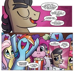 Size: 1341x1274 | Tagged: safe, artist:agnesgarbowska, idw, official comic, apple bloom, filthy rich, fluttershy, pinkie pie, rainbow dash, pony, g4, spoiler:comic, spoiler:comic46, comic, cropped, ear piercing, earring, eating, eyes closed, female, food, jewelry, male, mare, piercing, popcorn, puffy cheeks, speech bubble, stallion