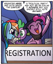 Size: 580x690 | Tagged: safe, artist:agnes garbowska, idw, official comic, pinkie pie, rainbow dash, spike, dragon, pony, friendship is magic #46, g4, spoiler:comic, abraham lincoln, cropped, fake beard, female, hat, male, mare, speech bubble, top hat