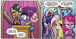 Size: 1317x684 | Tagged: safe, artist:agnes garbowska, idw, official comic, derpy hooves, diamond tiara, filthy rich, fluttershy, pinkie pie, rainbow dash, spoiled rich, twilight sparkle, alicorn, pony, g4, spoiler:comic, spoiler:comic46, cheering, comic, cropped, crossed arms, female, filly, foal, male, mare, rich family, ship:spoilthy, speech bubble, squishy cheeks, stallion, twilight sparkle (alicorn)