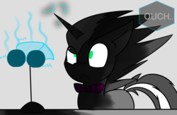 Size: 1280x832 | Tagged: safe, artist:askhypnoswirl, oc, oc only, oc:hypno swirl, pony, unicorn, burned, dialogue, hypnogear, solo, tech control