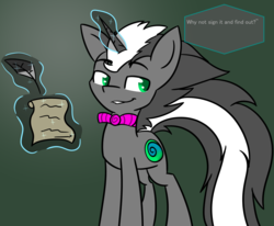 Size: 1280x1054 | Tagged: safe, artist:askhypnoswirl, oc, oc only, oc:hypno swirl, pony, unicorn, dialogue, magic, paper, quill, solo, writing