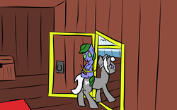 Size: 1280x800 | Tagged: safe, artist:saria the frost mage, oc, oc only, oc:clover patch, oc:silverwind (a foal's adventure), earth pony, pony, seagull, unicorn, a foal's adventure, blank flank, bow (weapon), child, cutie mark, cyoa, door, female, filly, foal, male, ocean, pirate, pirate ship, railing, ship, stallion, story included, weapon, wood