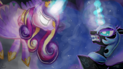 Size: 800x450 | Tagged: safe, artist:sallindaemon, nightmare moon, princess cadance, g4, glowing eyes, magic