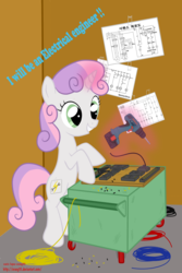 Size: 2000x3000 | Tagged: safe, artist:orang111, sweetie belle, pony, unicorn, g4, bipedal, denial, electrical engineer, engineer, fake cutie mark, female, korean, magic, power tools, sequence circuit, solo, table, this will end in tears, this will end in tears and/or death and/or covered in tree sap, tools, uh oh, wires