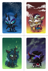 Size: 934x1400 | Tagged: safe, artist:kiriska, discord, king sombra, nightmare moon, queen chrysalis, g4, antagonist, chibi