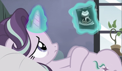 Size: 818x474 | Tagged: safe, edit, starlight glimmer, pony, unicorn, every little thing she does, g4, dead, feels, female, lying down, magic glow, miscarriage, on back, sad, solo, starlight's room, tearjerker, ultrasound
