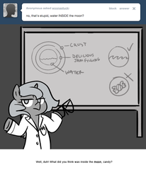 Size: 666x809 | Tagged: safe, artist:egophiliac, princess luna, pony, moonstuck, g4, bipedal, chalkboard, clothes, female, filly, glasses, glasses off, grayscale, lab coat, monochrome, science woona, shrug, solo, tumblr, woona, younger